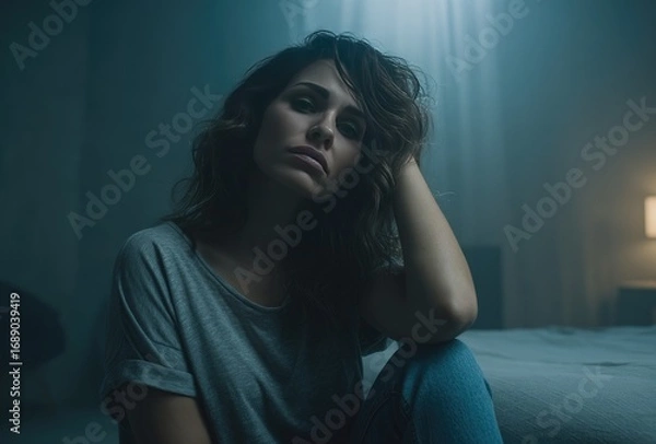 Obraz Portrait of a sad woman, with disheveled brown hair, in a dimly lit room with a bed visible in the background, looking forlorn and thoughtful