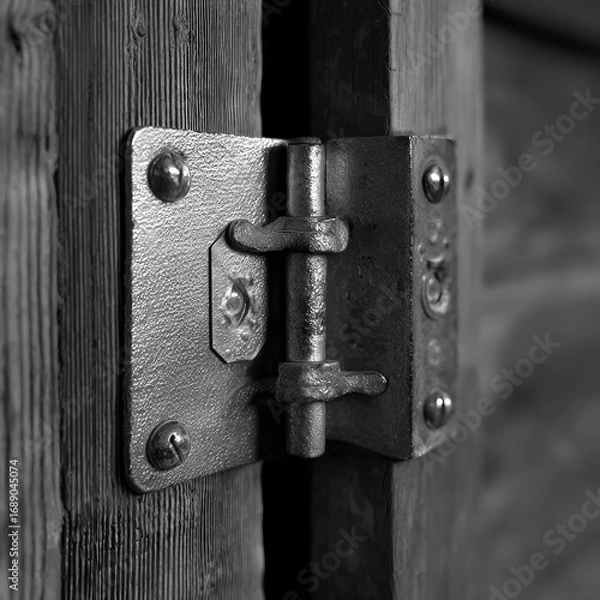 Fototapeta Close up of a weathered rustic metal hinge attached to a wooden door or frame in black and white