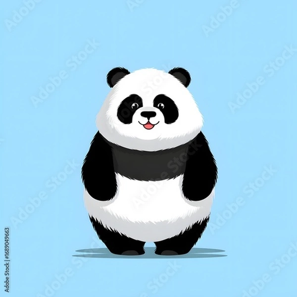 Fototapeta A cartoon panda bear standing upright with a happy expression on a light blue background illustration