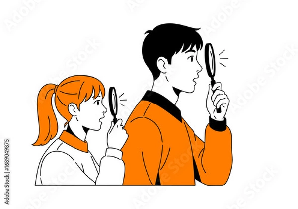 Fototapeta Illustration of two people using magnifying glasses to investigate and search together in a conceptual teamwork and discovery theme