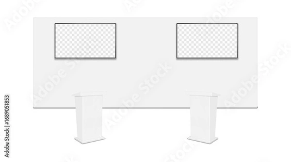 Fototapeta Trade show booth display kit mock-up. Expo tradeshow set template. White blank backdrop banner with LCD monitor TV video panels, two portable exhibition rostrum table stands. 3d vector mockup
