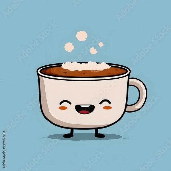 Fototapeta A cartoon coffee cup with a happy face and steam rising on a light blue solid color background art