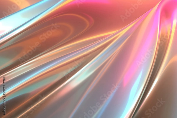Fototapeta Abstract colorful metallic waves with iridescent shine for digital art. 3d render