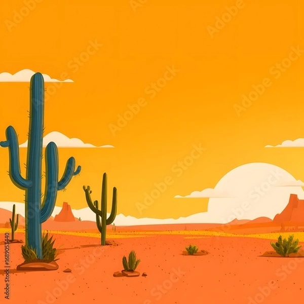 Fototapeta Illustration of a desert landscape with cacti, mountains, and a bright orange sunset sky view