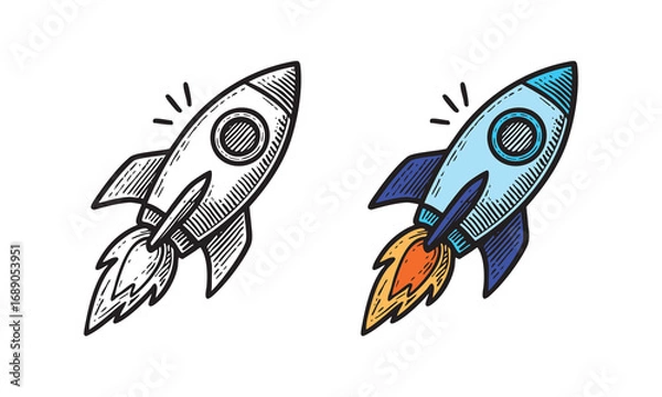 Fototapeta Illustration of rocket blasting with fire, retro doodle style for tshirt and sticker.