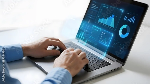 Fototapeta Person using a laptop with advanced data analytics displayed on the screen