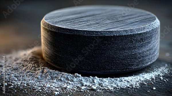 Fototapeta A dark gray hockey puck resting on a surface with gray powder around it.