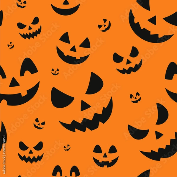 Fototapeta Seamless Halloween pattern with spooky jack-o’-lantern faces on orange background. Scary and funny pumpkin silhouettes, perfect for seasonal design, party decor, and holiday themes.