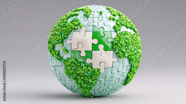 Fototapeta Green world, A globe made of puzzle pieces with green elements representing environmental themes.