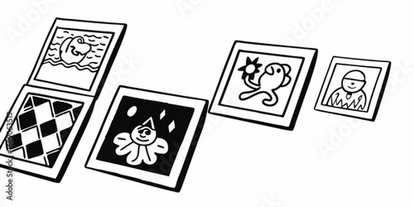 Fototapeta Illustration of five square cards displaying various designs including a crocodile and a checkered pattern