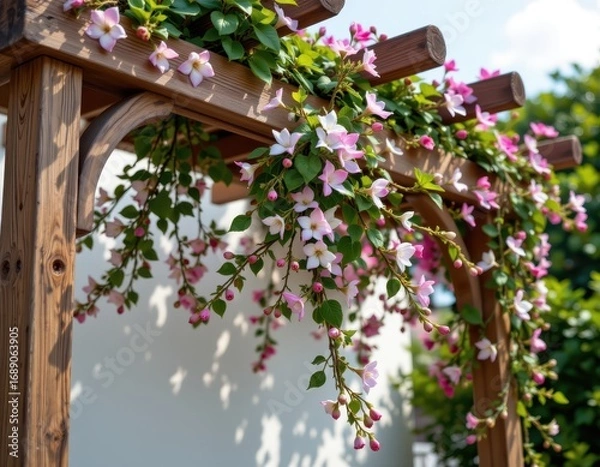 Fototapeta jasmine climbing balcony pergola, wooden posts and lattice supporting stems, cinematic photorealistic wide shot capturing essential support vividly