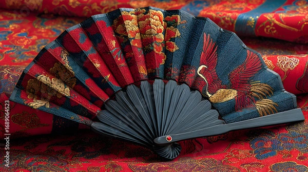 Fototapeta A hand fan with a dark blue handle and multicolored fabric panels lies on a red fabric background.