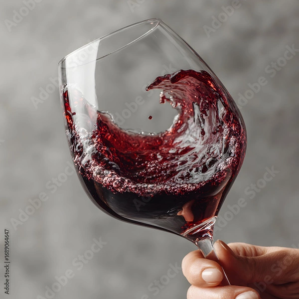 Fototapeta A hand holding a wine glass with red wine swirling inside against a gray background.