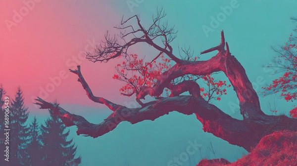 Fototapeta A large, gnarled tree branch against a misty, pink and teal background.