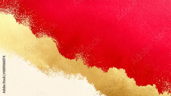 Obraz 和紙に広がる赤の絵の具と金箔の斜めストローク背景（和風・年賀・正月）