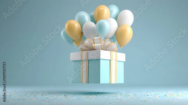 Fototapeta A light blue gift box with a pale yellow ribbon is surrounded by pastel-colored balloons against a light blue background.
