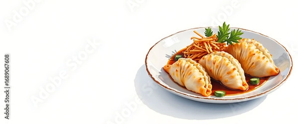 Obraz Watercolor Illustration of Gyoza Plate for Culinary Projects - Asian Cuisine Design with Empty Space on Left Side
