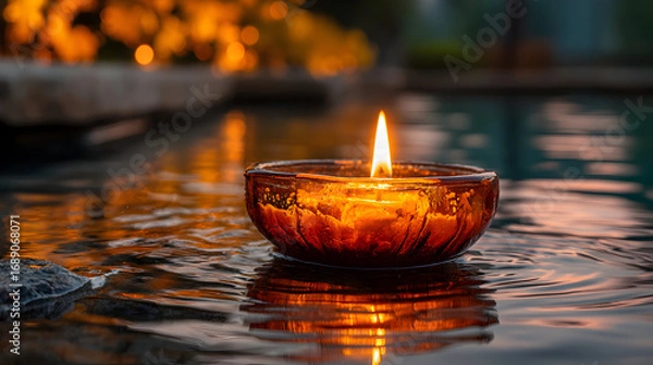 Fototapeta A lit candle in a dark brown glass holder sits on dark wet stones near a blurred background of firelight.