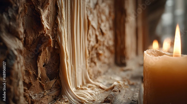 Fototapeta A lit candle next to a textured wooden surface.