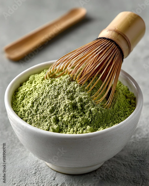 Fototapeta A matcha whisk in a bowl of matcha powder on a gray surface.