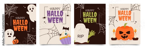 Fototapeta Happy Halloween postcards set with ghosts, pumpkin, zombie hand, cupcake and spider webs. Vector template for advertising, web, greeting cards or social media.