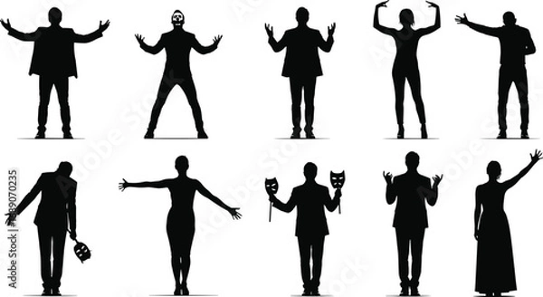 Fototapeta Silhouette people with theatrical masks, expressive gestures, dramatic poses, standing and bowing, emotional body language, diverse figures, communication, art performance.