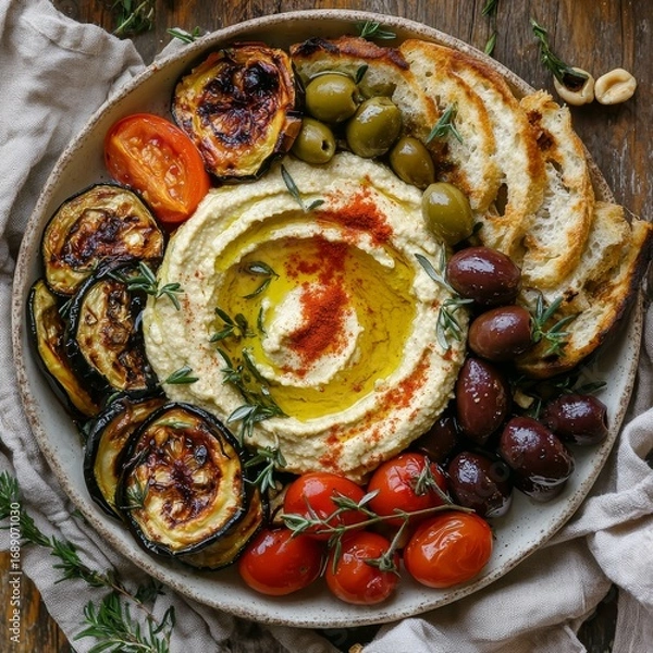 Obraz Delicious hummus platter with grilled vegetables olives and toasted bread for a healthy appetizer