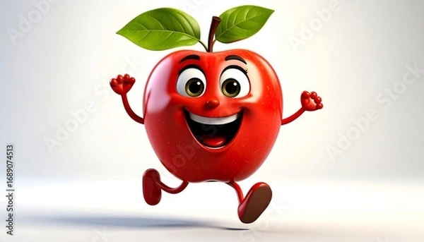 Fototapeta Running Apple Cartoon Character with Happy Smiling Face and Green Leaves