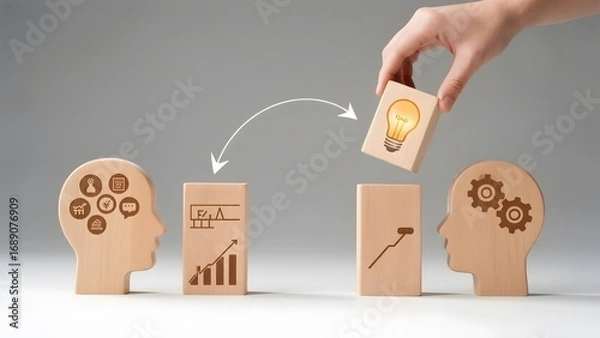 Fototapeta Wooden figures with icons representing knowledge transfer and learning processes