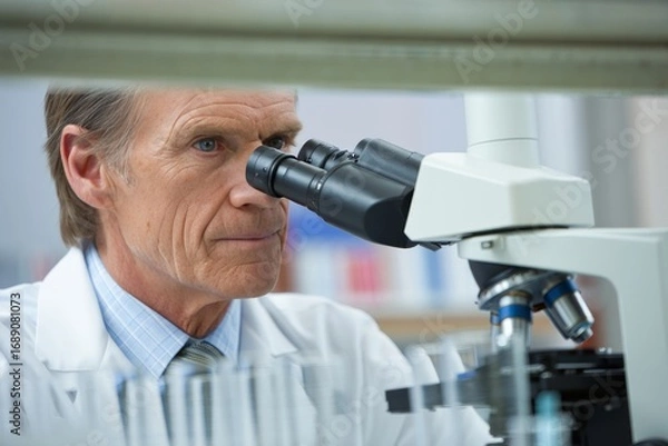 Obraz Mature Scientist Looking Through Microscope in Laboratory