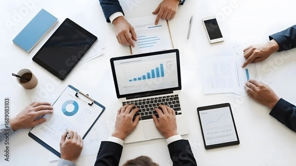 Fototapeta Business team analyzing financial data on a laptop and documents around a table
