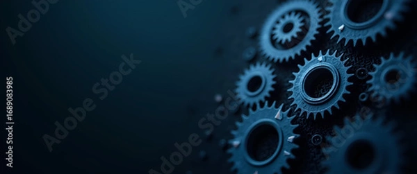 Fototapeta Abstract ISO standards quality control assurance warranty dark background cogs gear mechanism polygon wireframe mesh concept as Dim scene highlights ISO concept cogs gears symbolize precision system q