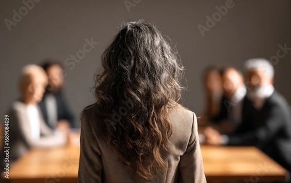 Obraz A woman stands at a conference table, back facing the viewer. A group of colleagues sitting blurred around the table, with focus on the woman?s hair