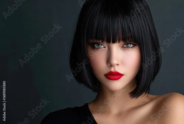 Fototapeta a model with sleek, straight black hair in an elegant bob cut hairstyle is set against a simple background to highlight the glossy texture and natural color of her hair
