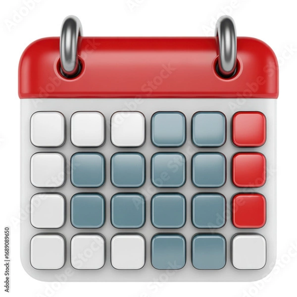 Fototapeta 3D Render of a Calendar Icon with Marked Dates in Red and Blue on a White Background with a Red Header