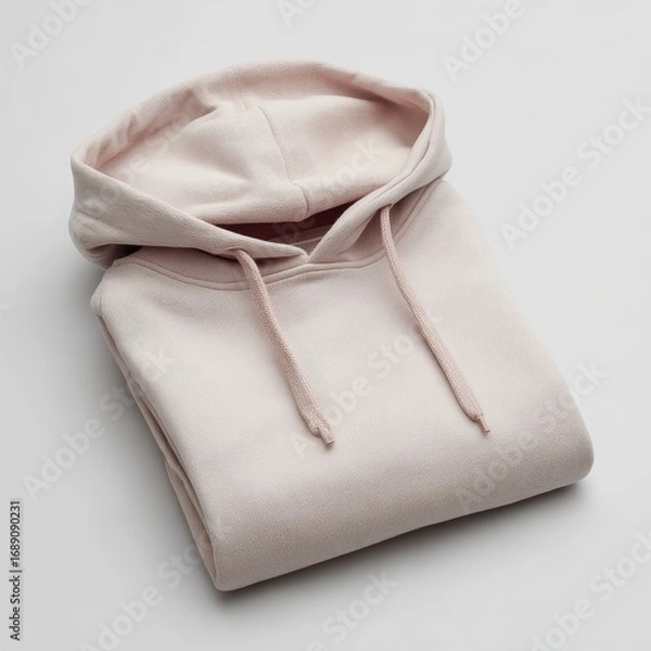 Fototapeta Cozy light pink hooded sweatshirt folded neatly on a plain light gray background showcasing its soft texture and casual style