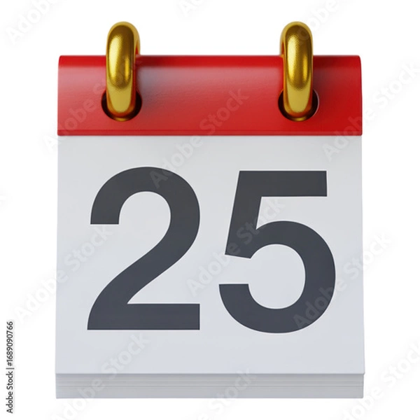 Fototapeta 3D Rendered Red Calendar with Golden Rings Displaying the Number 25 on a Transparent Background for Date Reminder