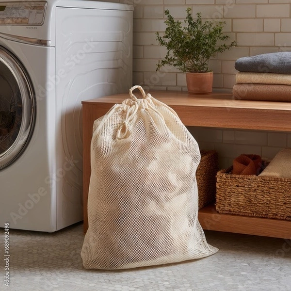 Fototapeta Full laundry bag filled with clothes sitting on the floor next to a washing machine and shelf with folded towels