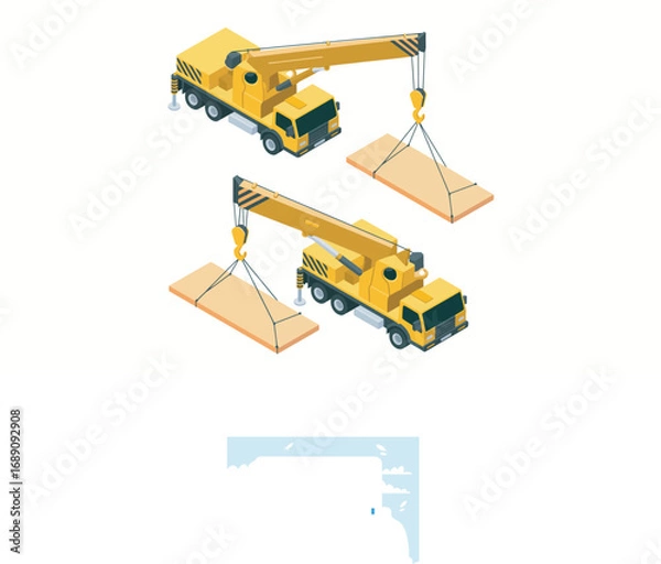 Fototapeta Isometric view of yellow crane trucks lifting wooden panels industrial construction machinery heavy equipment transportation and building material handling for engineering projects