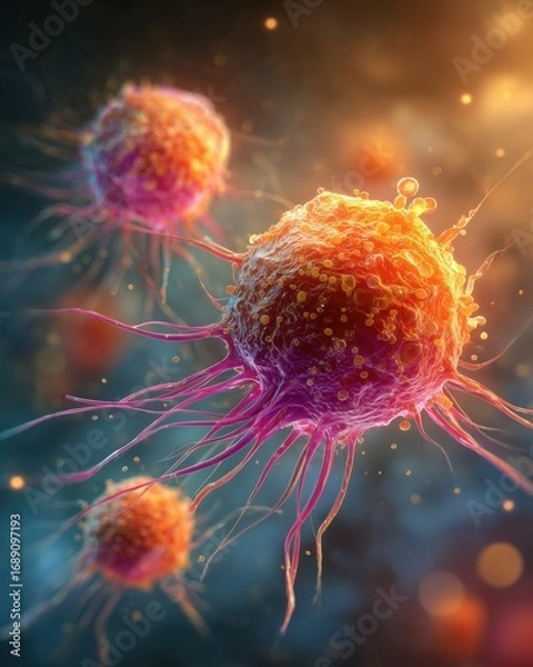 Fototapeta Tumor cells, generative ai illustration. Abnormal human cells showing malignant growth, linked to cancer development and progression.