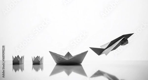 Fototapeta Inspiring paper origami transformation from crowns to boat to jet airplane on white background