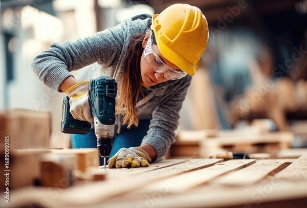 Obraz A woman wearing protective gear operates a power drill, screwing into wooden planks. Focus on detail, construction & hands-on skill. Soft light setting