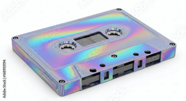 Fototapeta Retro Holographic Cassette Tape Isolated on White Background Displaying a Nostalgic Musical Format