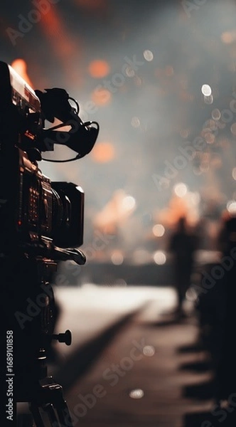 Obraz A professional video camera stands in shadow, focused on a blurred stage with orange and white bokeh, suggesting an event or performance