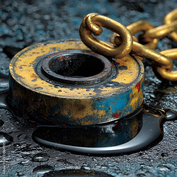 Fototapeta Close-up of a rusty ball bearing with a gold chain on a dark surface with oil spill