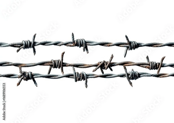 Fototapeta Three rows of rusty barbed wire against a white background