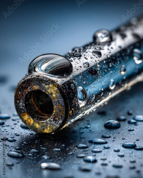 Fototapeta Close-up of a wet, metallic tube with water droplets on a dark surface.