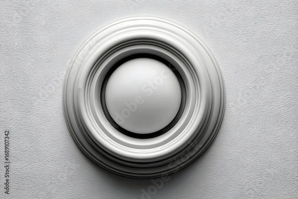 Fototapeta Close-up of a white round doorbell button on a light gray wall.