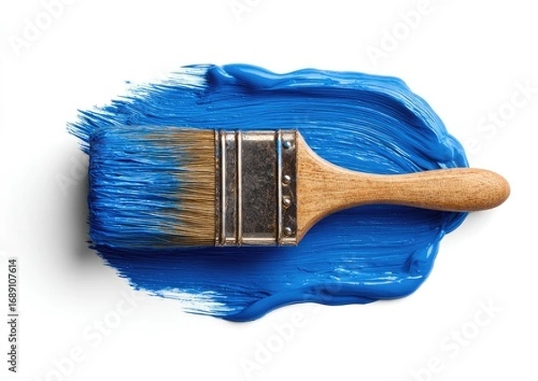 Fototapeta A paintbrush dipped in vibrant blue paint, resting on a swathe of the same color