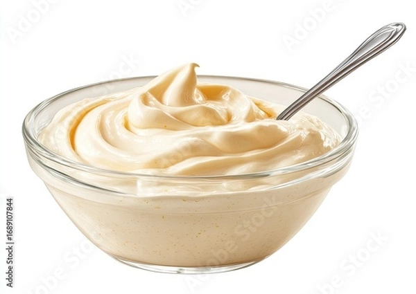 Fototapeta Creamy mayonnaise in a glass bowl, a spoon is gently placed in the sauce